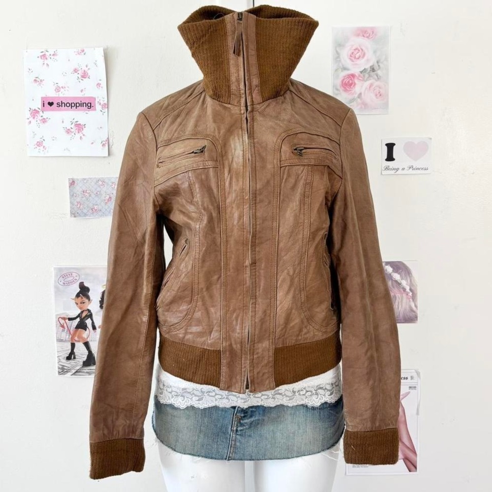 Stradivarius Genuine Leather Distressed Bomber Jacket